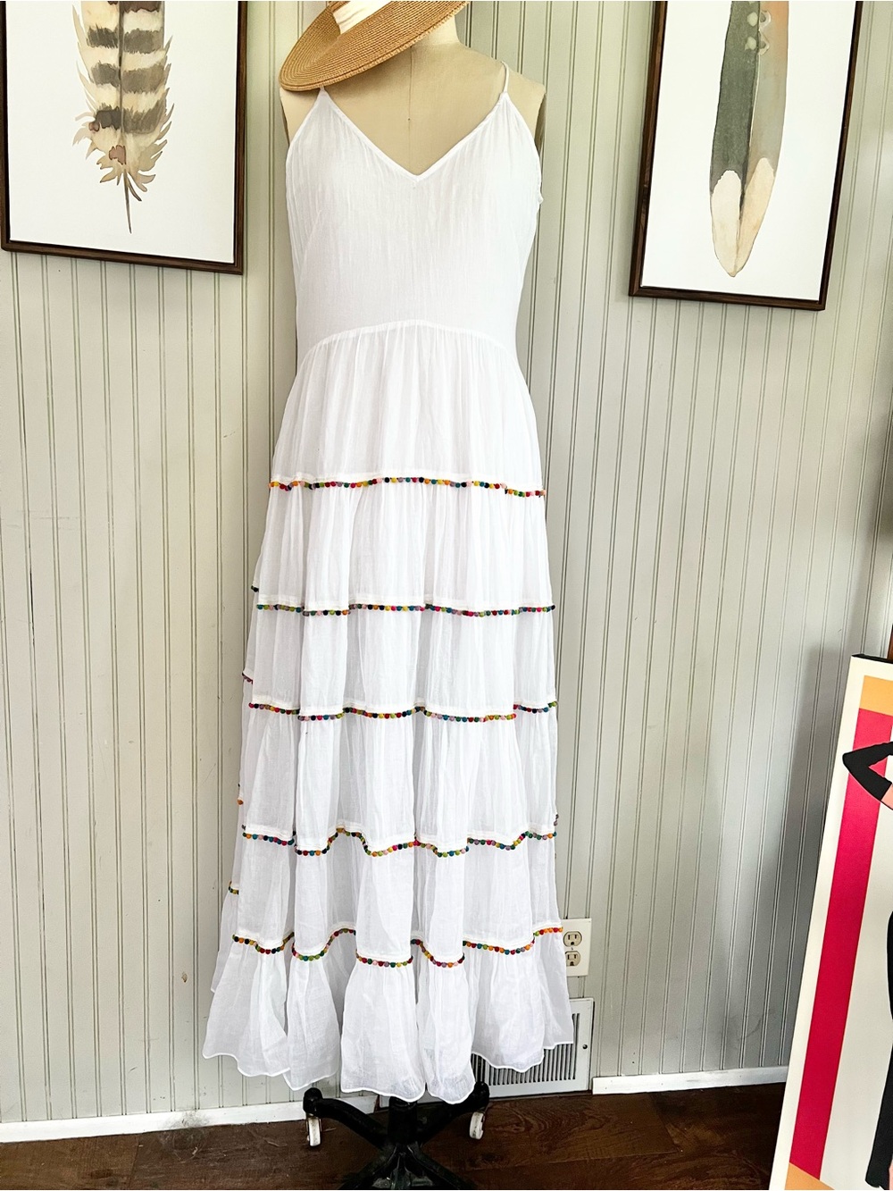 Catherine Malandrino Soumaya White Tiered Ruffled Pom Pom Summer Maxi Dress